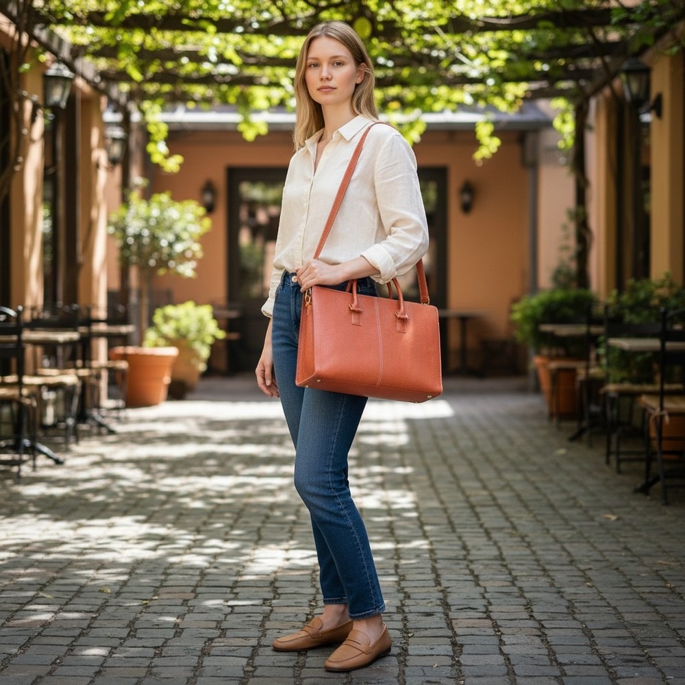 Franklin Covey Briefcase Crossbody Bag Lizard Embossed Pink Coral Leather Laptop